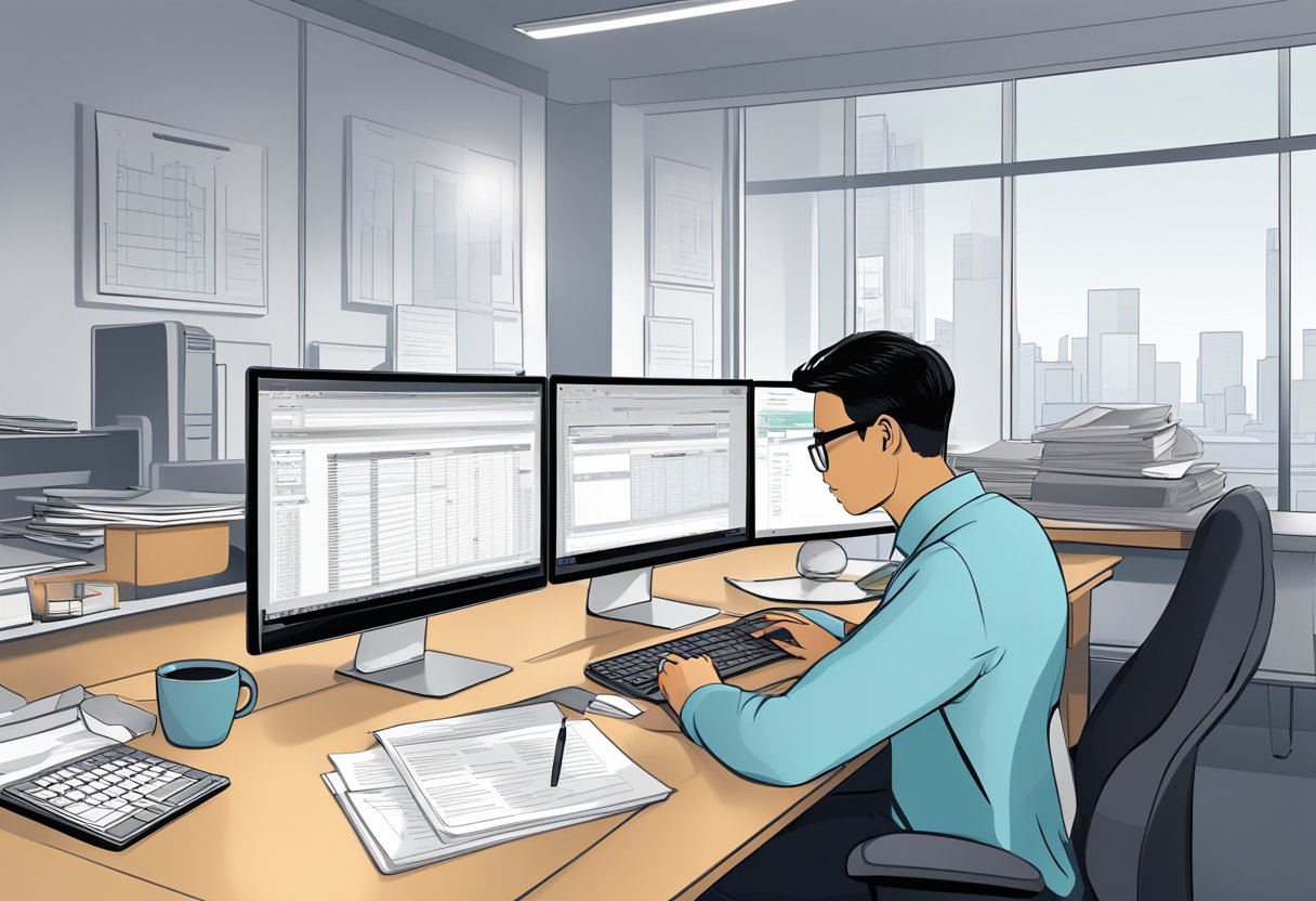 An office desk with a computer, phone, and paperwork. A person browsing the interactive brokers Singapore website on the computer