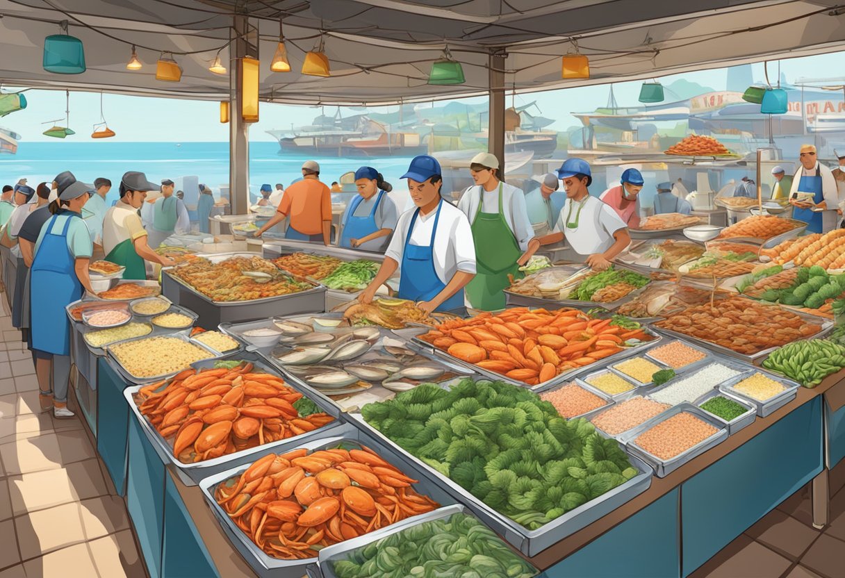 A bustling seafood market with colorful signs and a variety of crab dishes on display