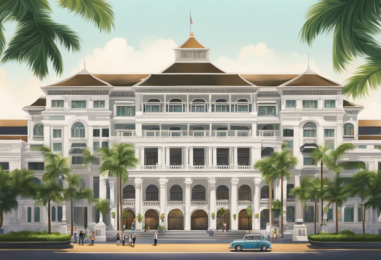 The iconic facade of Raffles Hotel Singapore with palm trees and a bustling entrance filled with visitors and staff