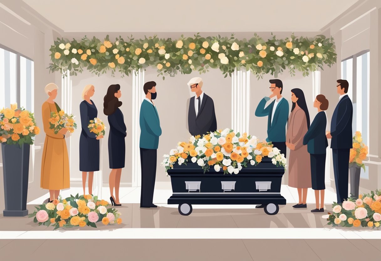 A group of people gathered in a solemn room, surrounded by floral arrangements and caskets. A funeral director explains different packages to the grieving family
