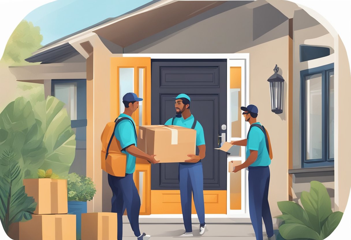 A customer receiving a package from a Lalamove delivery driver at their front door
