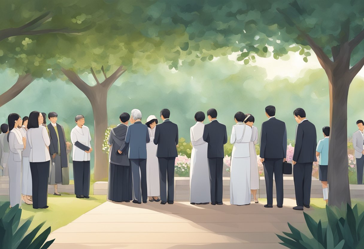 A group of people gather in a serene setting, offering comfort and support to each other after a funeral service in Singapore