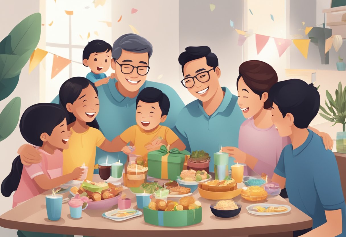 A group of diverse families gathered around a table, exchanging gifts and sharing laughter in celebration of Father's Day in Singapore