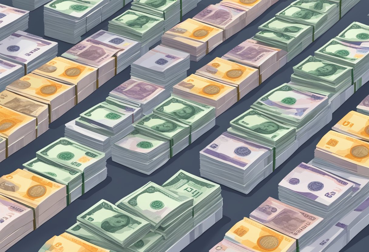 A stack of Singapore dollars being exchanged for Thai baht at a currency exchange counter