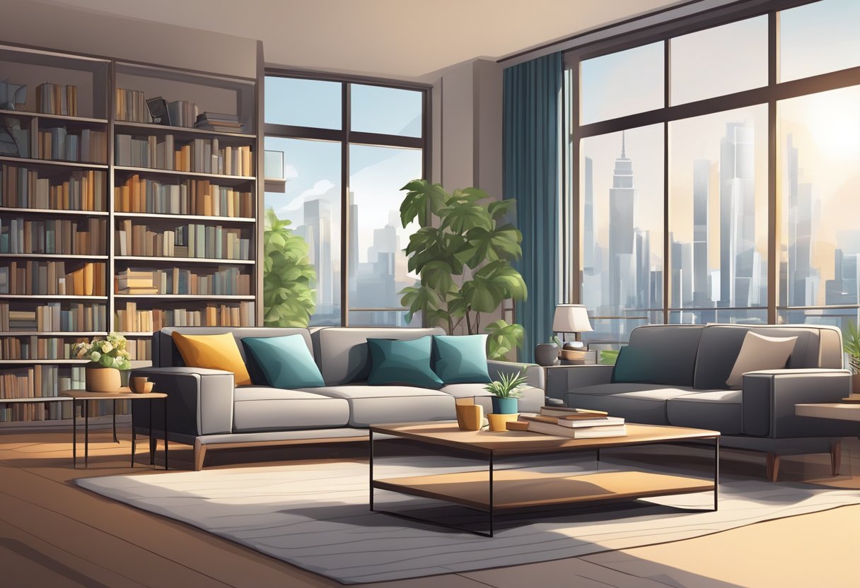A modern living room with a sleek sofa, coffee table, and floor lamp. A bookshelf filled with books and decorative items. Large windows with a city view
