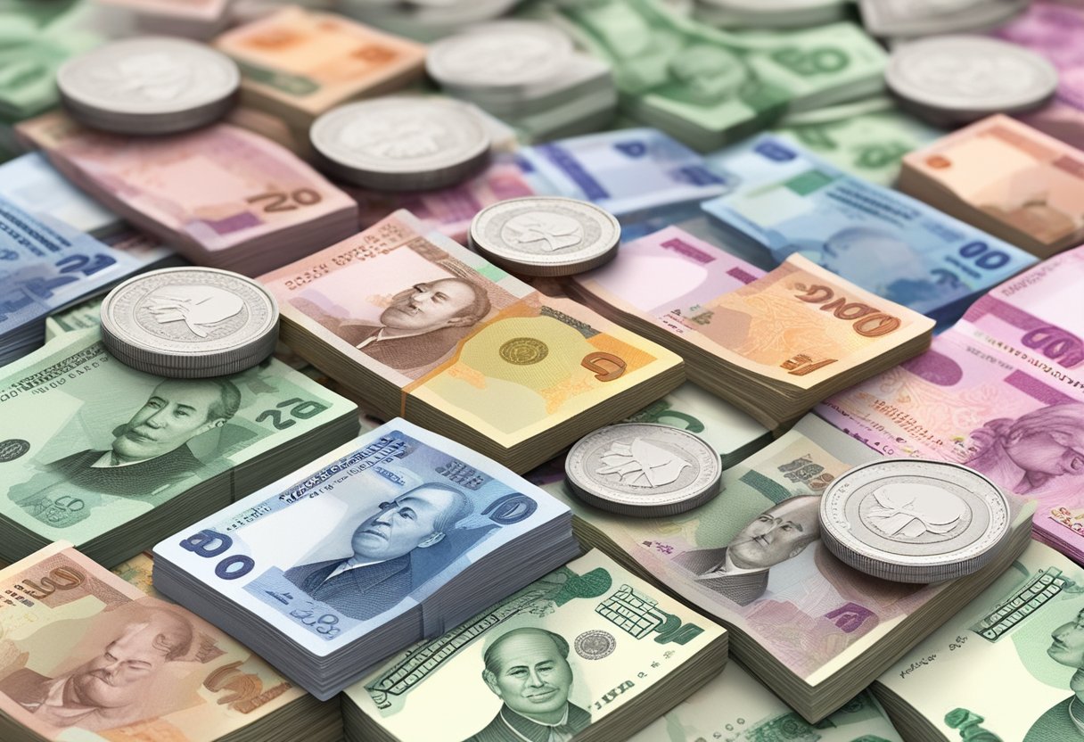 A stack of Singaporean dollars exchanges for a pile of Thai baht, with a currency exchange rate chart in the background