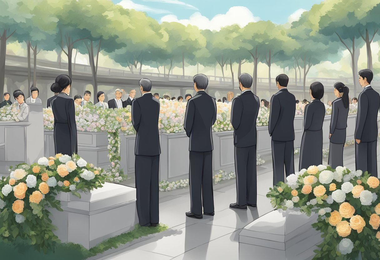 A group of mourners gather at a serene funeral service in Singapore, seeking answers to their frequently asked questions