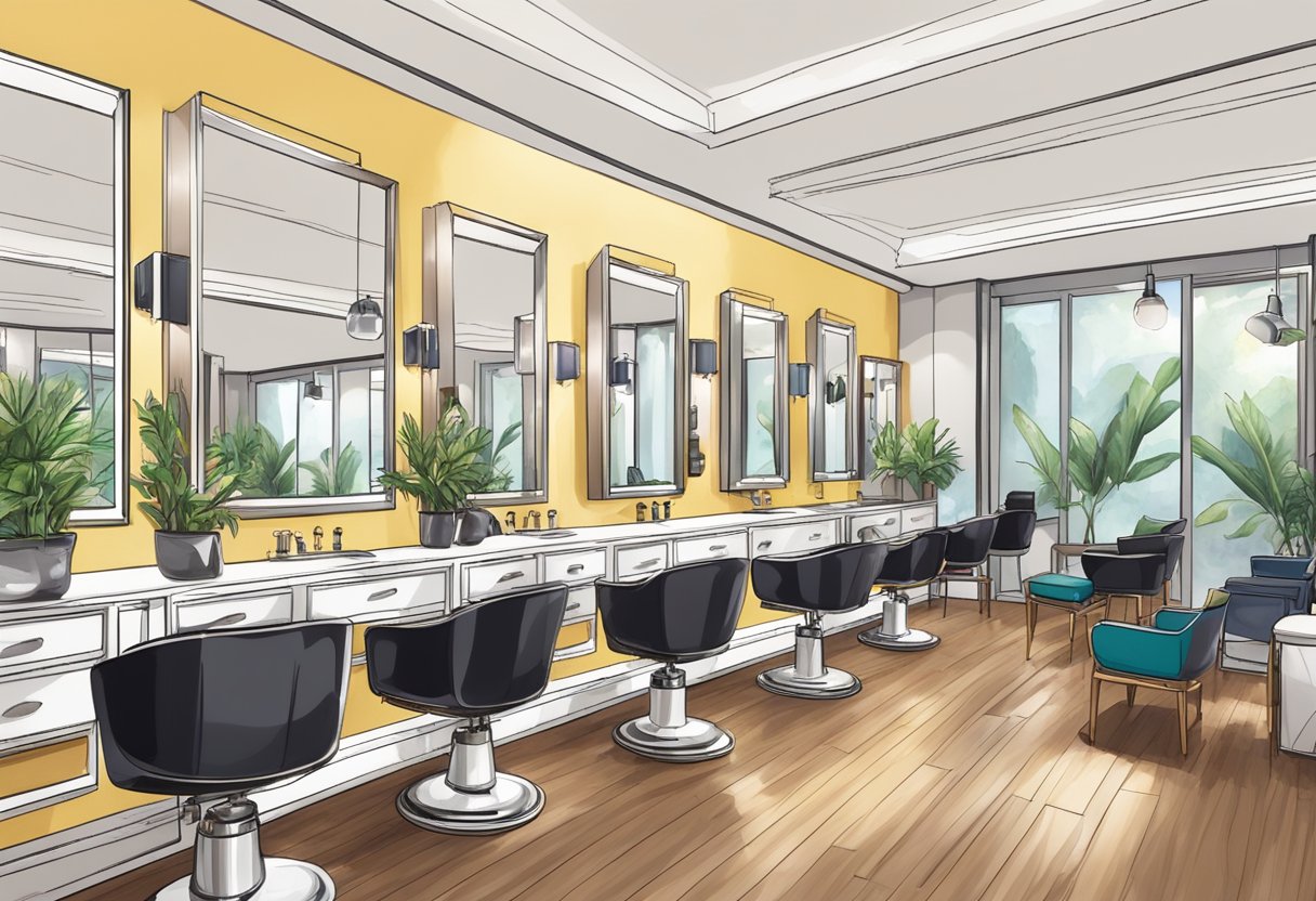 A bustling hair salon in Singapore with modern decor, sleek chairs, and stylists bustling about. Mirrors line the walls, reflecting the vibrant atmosphere
