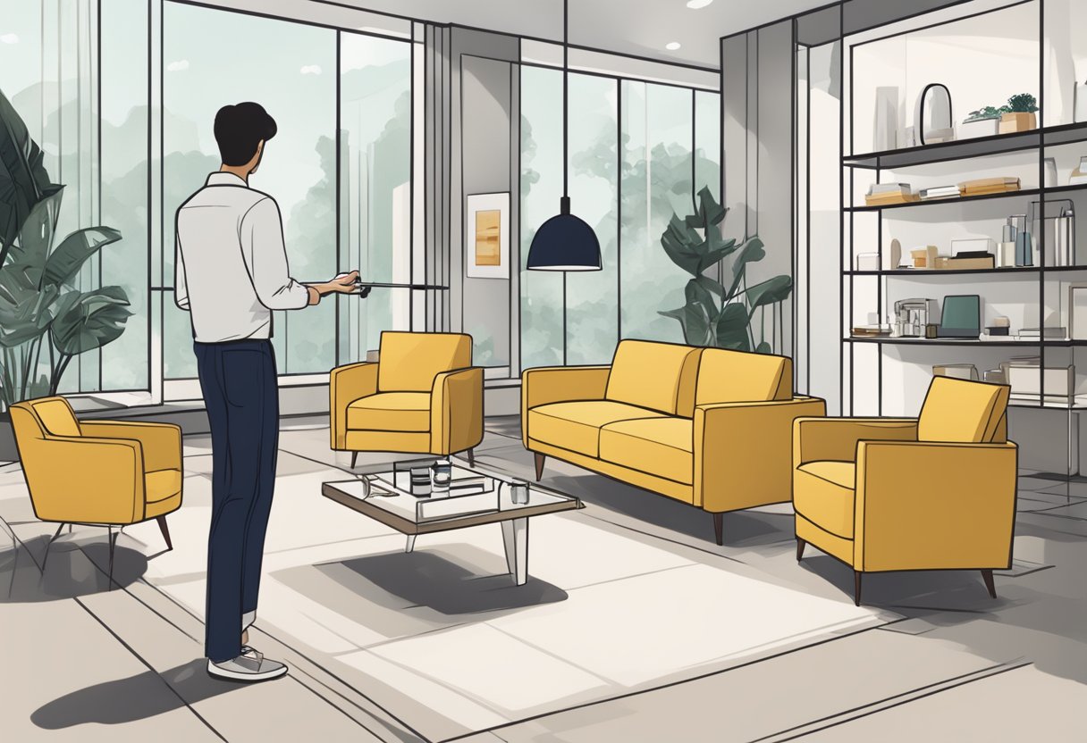A person browsing through various furniture options in a modern Singapore showroom