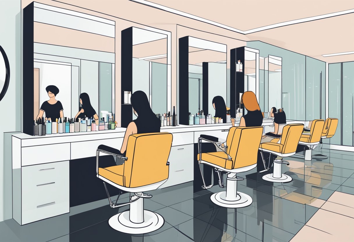 A hairstylist expertly cuts and styles hair in a modern Singapore salon. Mirrors reflect the sleek, minimalist decor and high-quality hair products