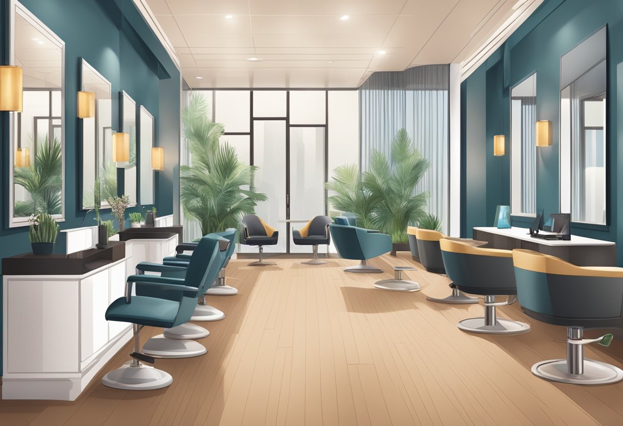 A customer walks into a modern, well-lit salon with sleek furniture and a friendly receptionist. The walls are adorned with stylish hair designs and the atmosphere is inviting