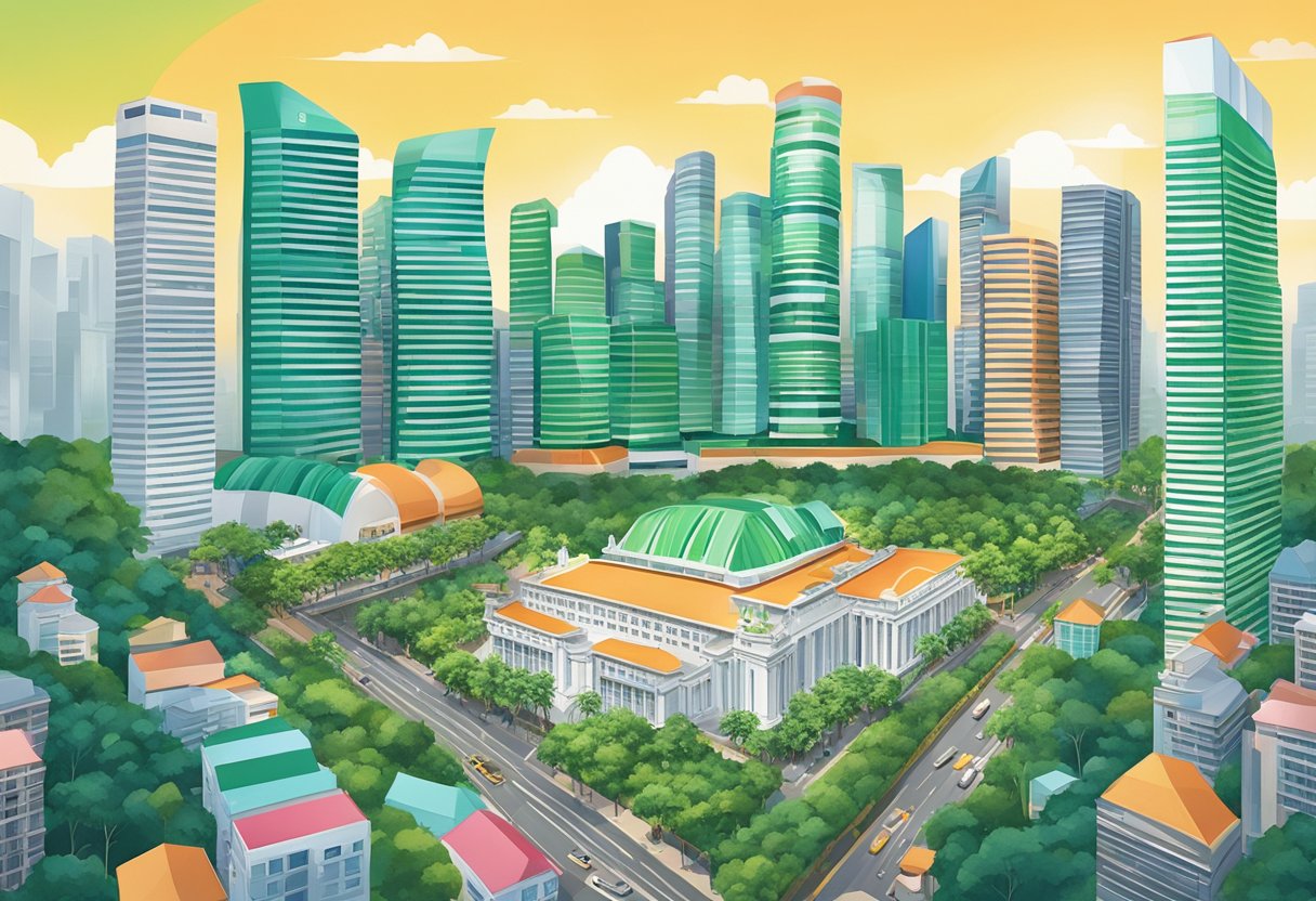 A vibrant cityscape with the iconic Manulife Singapore building standing tall amidst the bustling streets and modern architecture