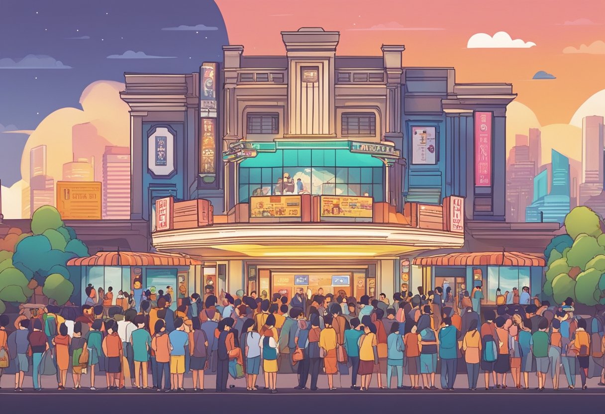 The movie theater in Singapore is bustling with activity, with colorful movie posters adorning the walls and a crowd of people eagerly lining up to purchase tickets