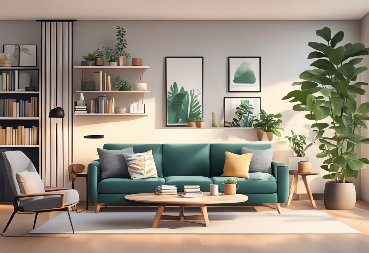 A cozy living room with modern furniture, including a sleek sofa, coffee table, and stylish bookshelf. Bright lighting and plants add warmth to the space