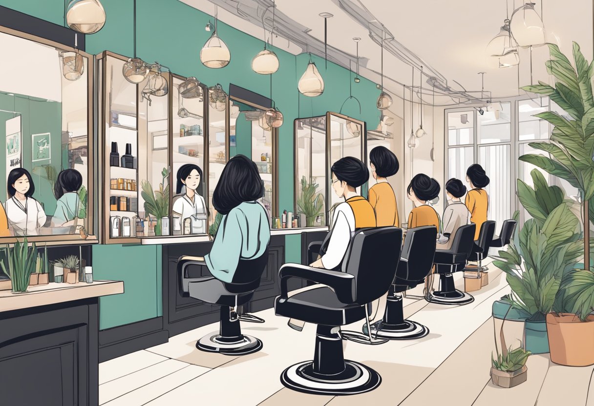 A bustling hair salon in Singapore with customers waiting, stylists working, and a sign prominently displaying "Frequently Asked Questions."