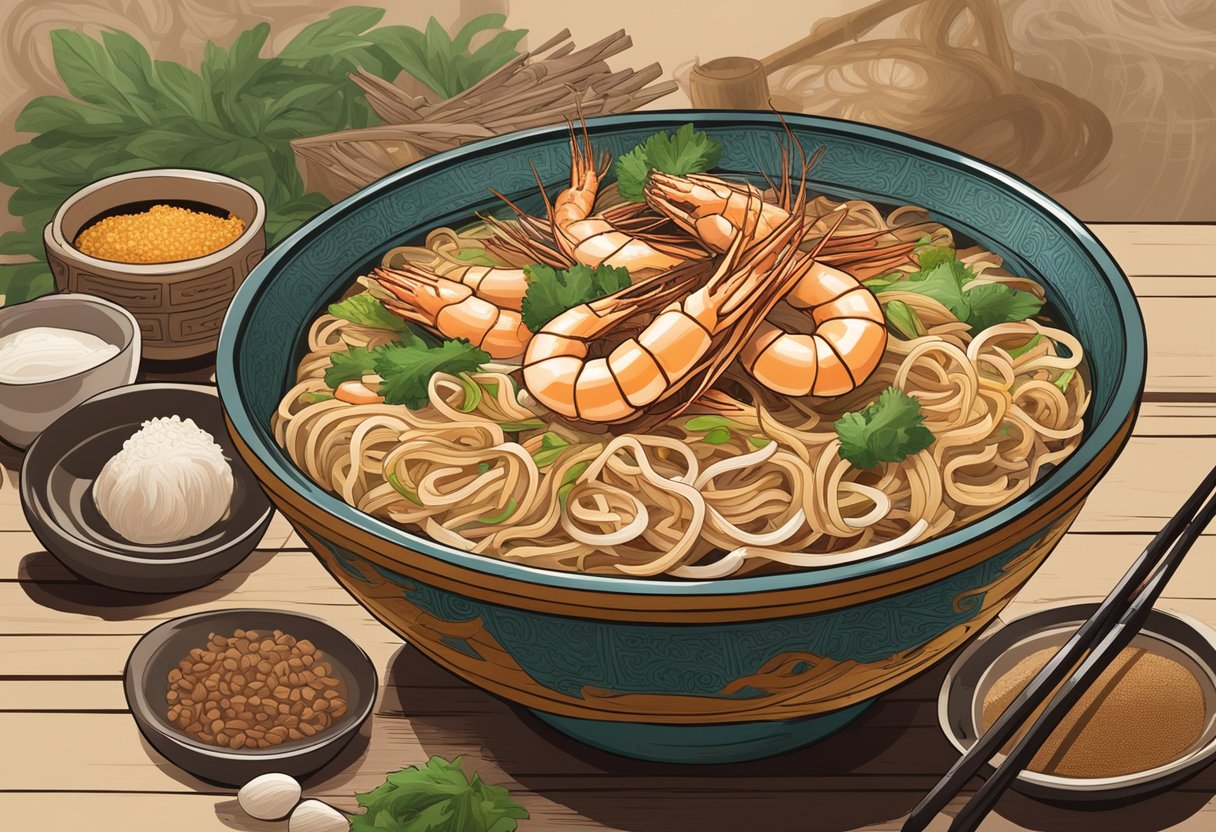 A steaming bowl of yi ji fried hokkien prawn mee sits on a rustic wooden table, surrounded by traditional Chinese utensils and spices. The aroma of the flavorful broth wafts through the air, evoking a sense of cultural significance