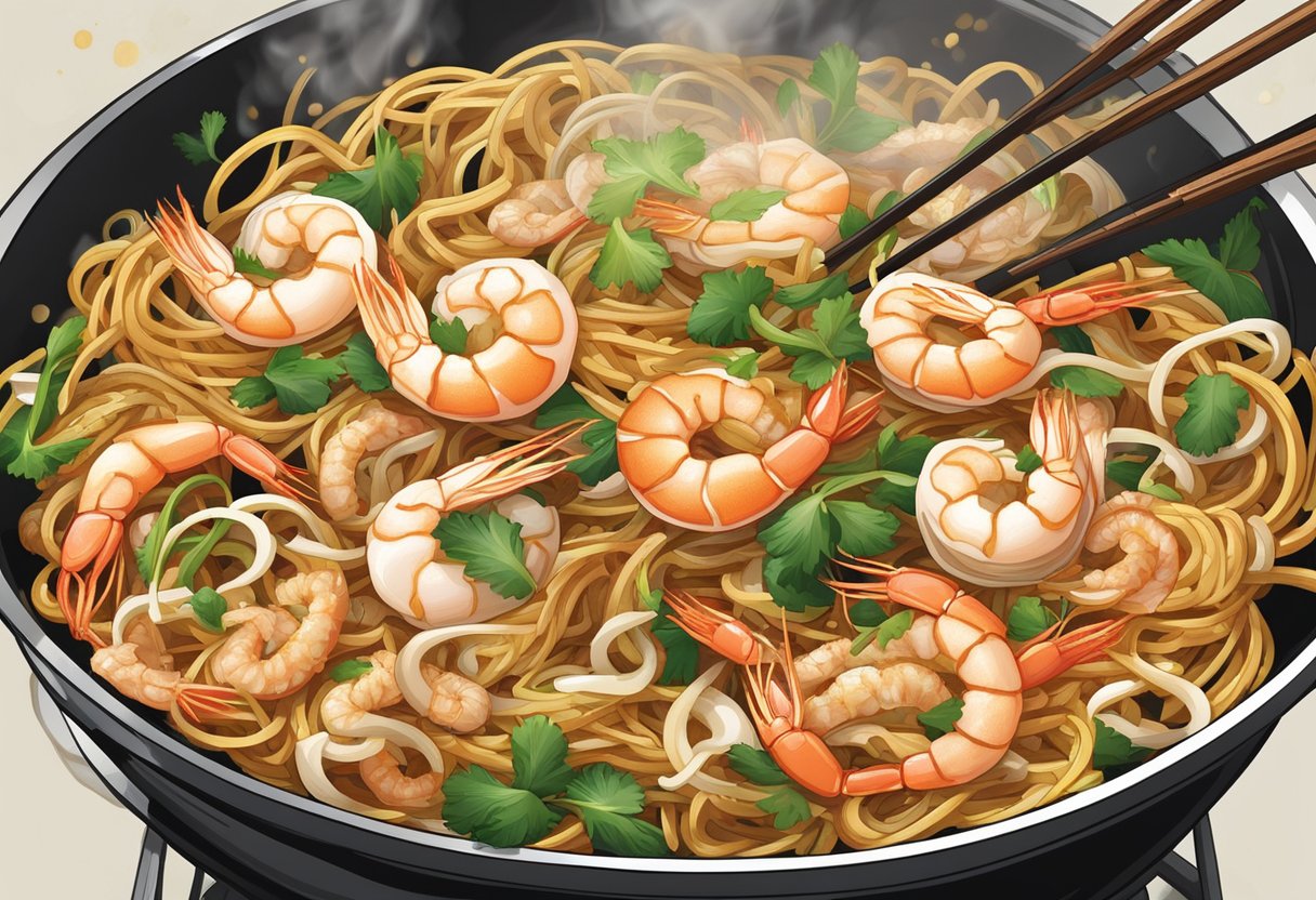 A sizzling wok tosses Hokkien noodles with prawns, squid, and fragrant garlic, creating a mouthwatering aroma