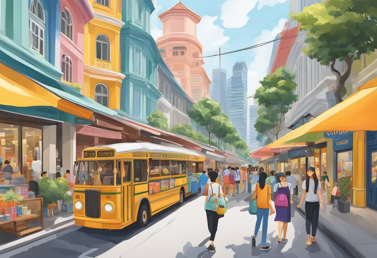 A bustling street in Singapore, with a Goyard boutique standing out among the vibrant shops and colorful buildings