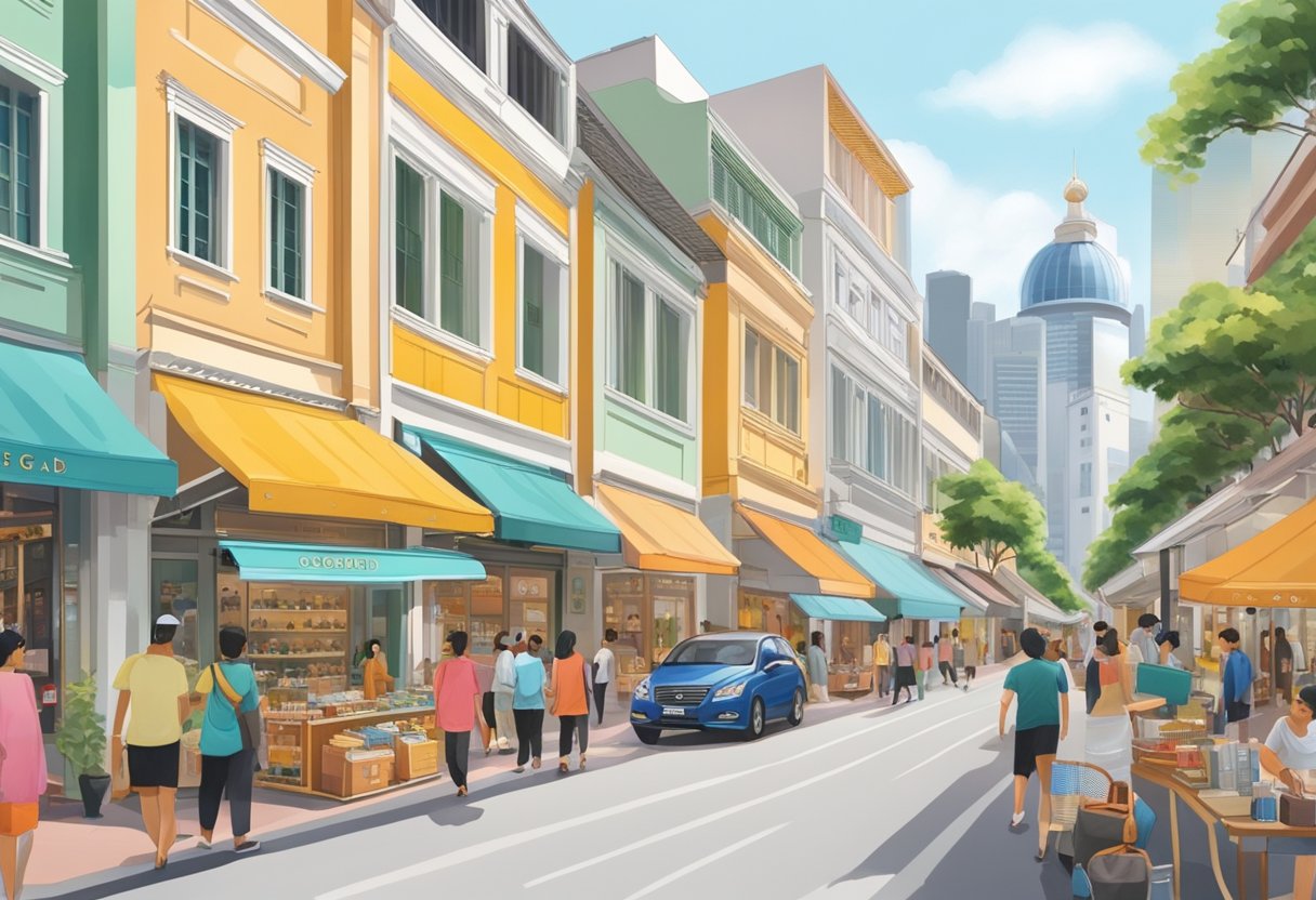 A bustling street in Singapore, with colorful storefronts and a prominent display of Goyard luxury goods