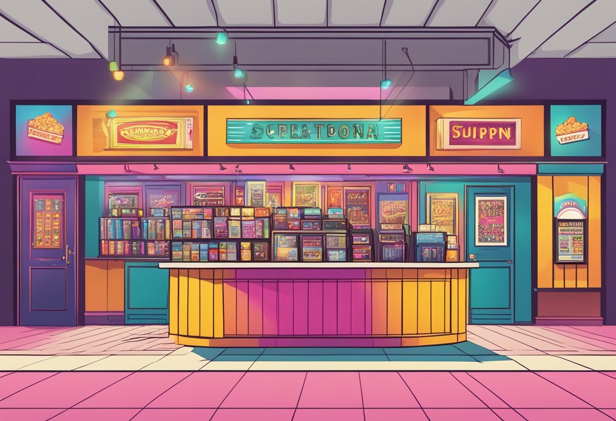 A bustling movie theater lobby with colorful movie posters, ticket counters, and a popcorn stand. Neon lights advertise current showings and promotions