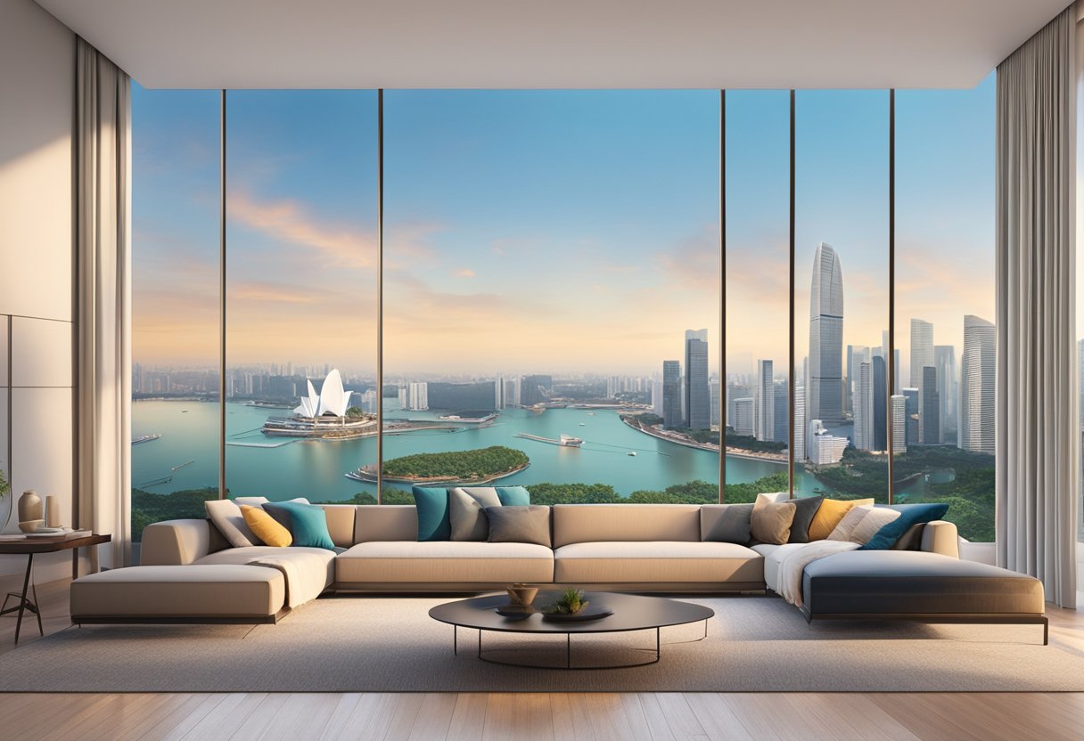 A modern sofa sits in a bright living room with a view of the Singapore skyline through the window