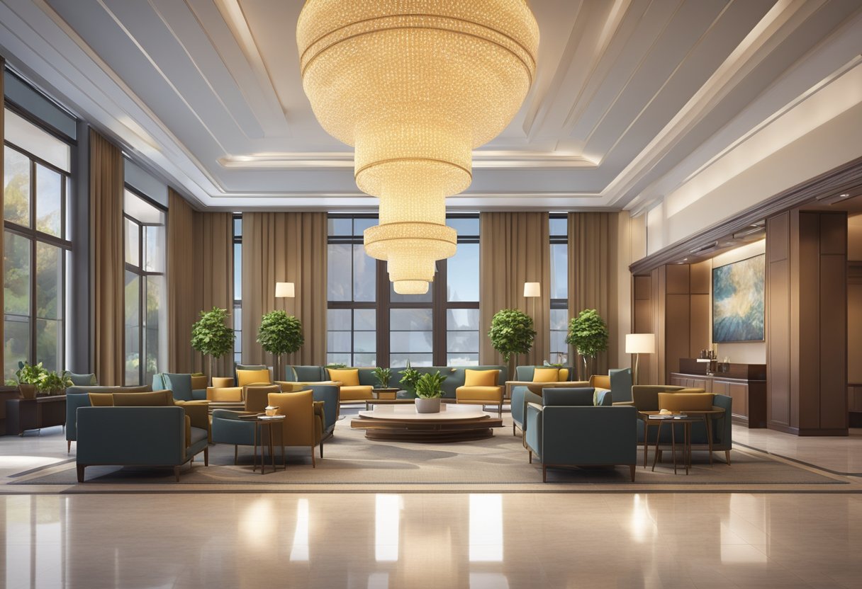 The hotel lobby is spacious with modern decor. A reception desk is in the center, surrounded by comfortable seating areas. A large chandelier hangs from the ceiling, casting a warm glow over the space