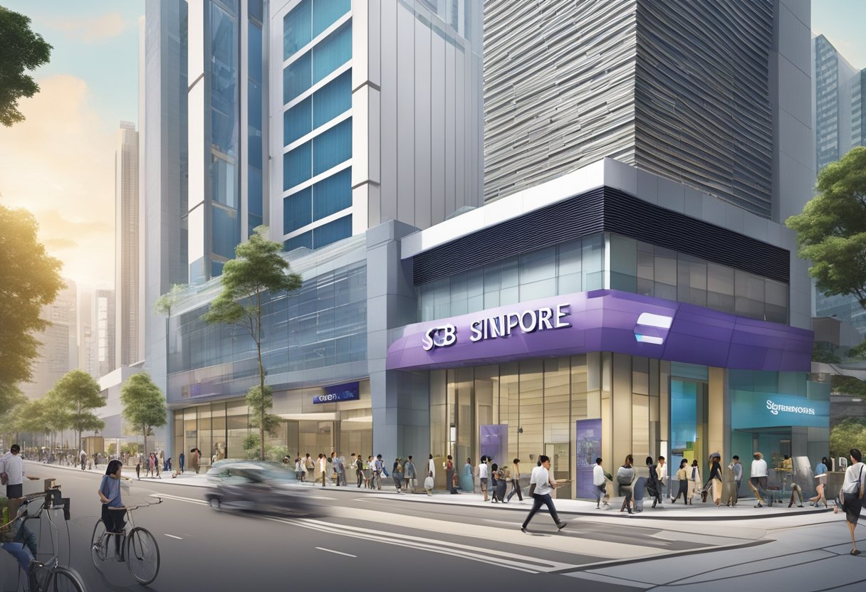A bustling Singapore street with a modern bank facade, featuring the logo of SCB Singapore and customers entering and exiting the building