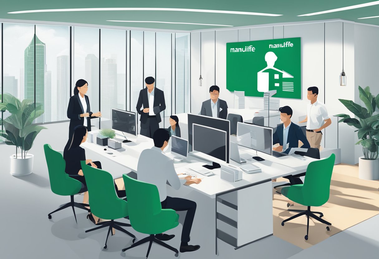 A modern office setting with the Manulife Singapore logo prominently displayed, surrounded by professionals discussing insurance solutions
