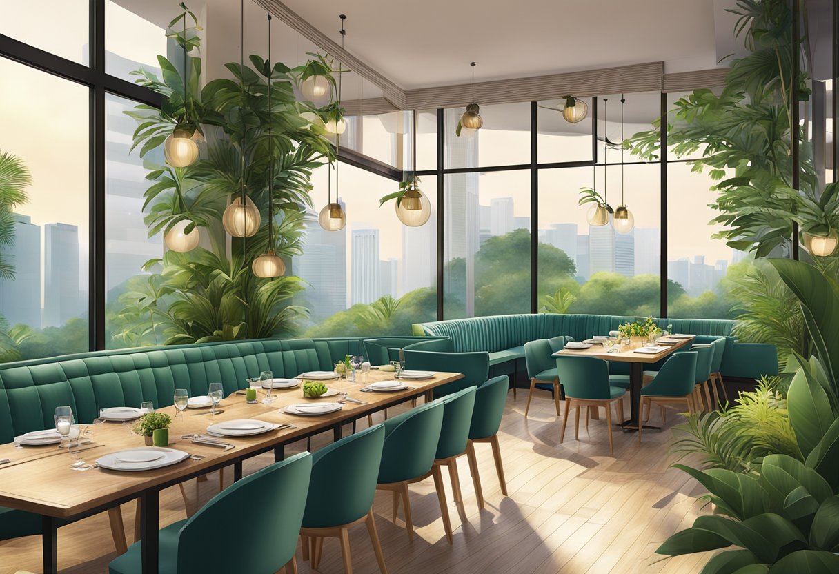 A vibrant dining area with modern decor and lush greenery at the Orchid Hotel in Singapore
