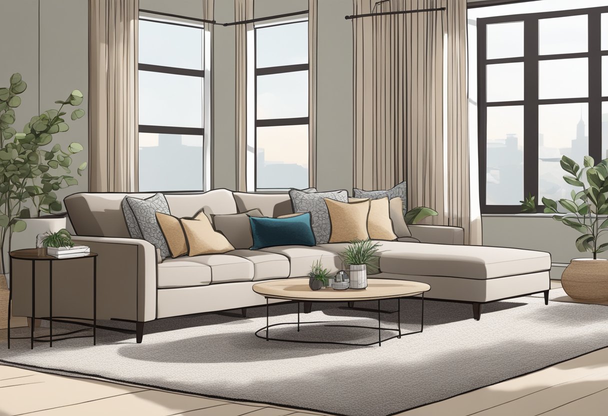 A cozy living room with a sleek, modern sofa in a neutral color, accented with plush throw pillows and a soft, textured rug