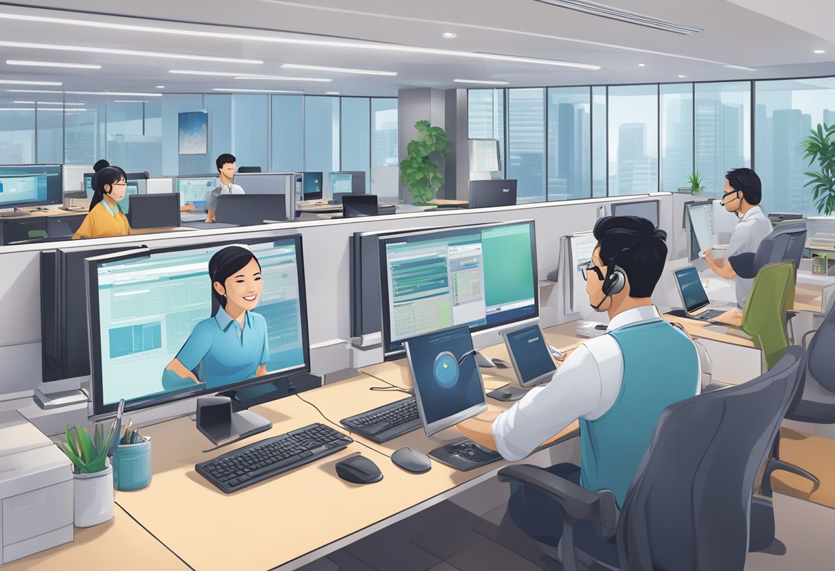 A customer service representative assists a client at SCB Singapore, surrounded by computer screens and a busy office atmosphere