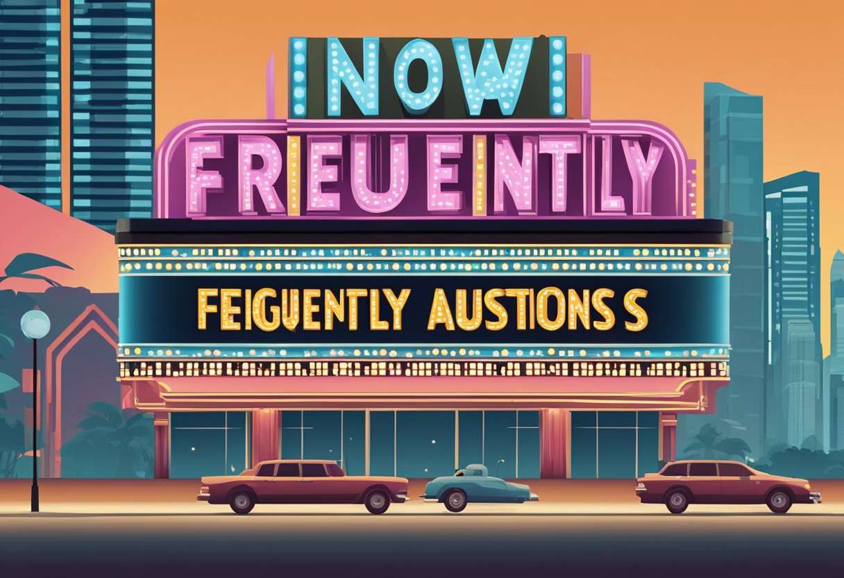 A movie theater marquee displays "Frequently Asked Questions" in bold letters, with "now showing" underneath, against the backdrop of the Singapore skyline