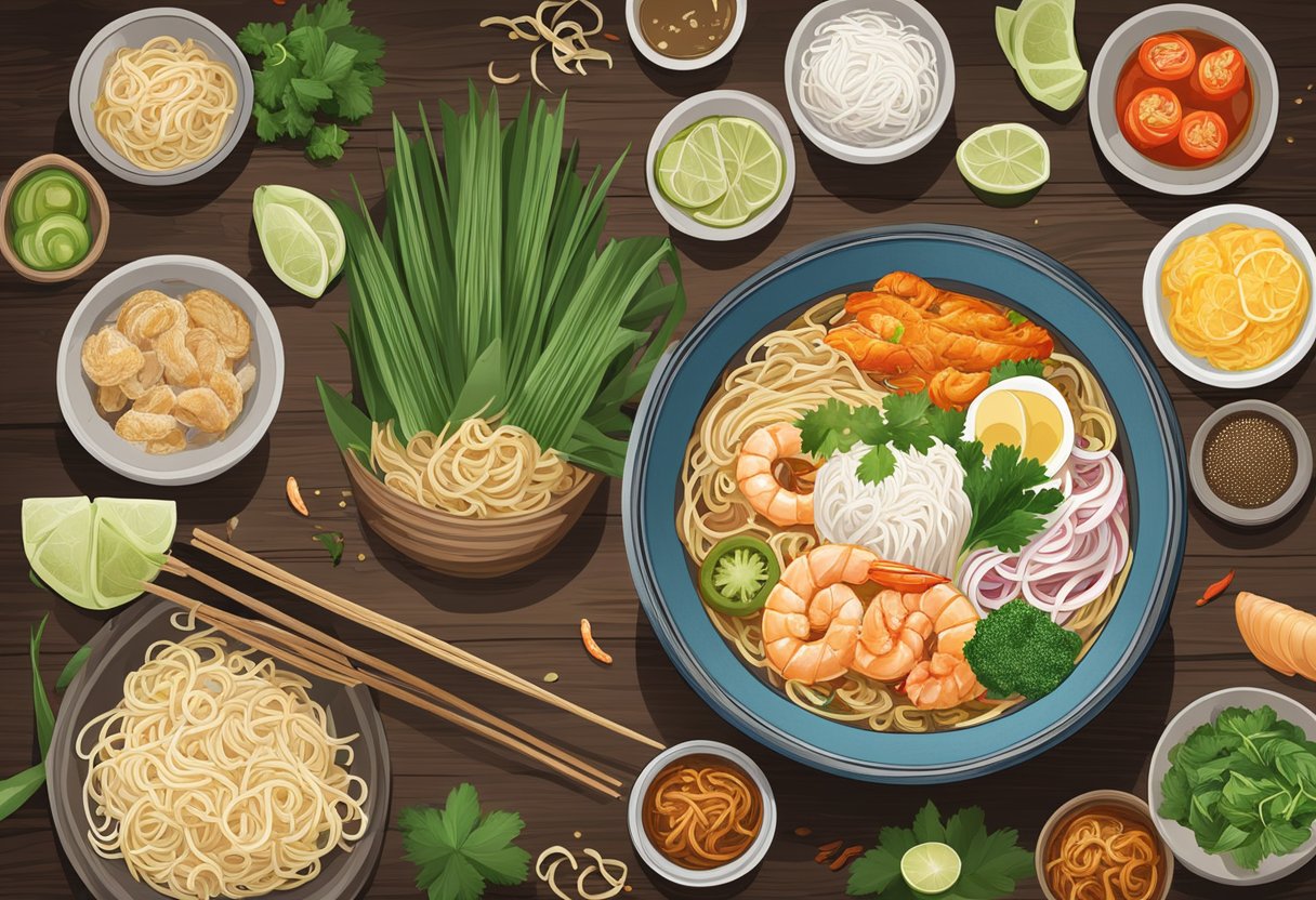 A steaming bowl of yi ji fried hokkien prawn mee surrounded by fresh ingredients and condiments on a rustic table