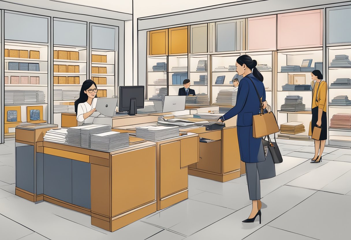 A table with a stack of brochures, a computer, and a customer service representative assisting a client at a Goyard Singapore store