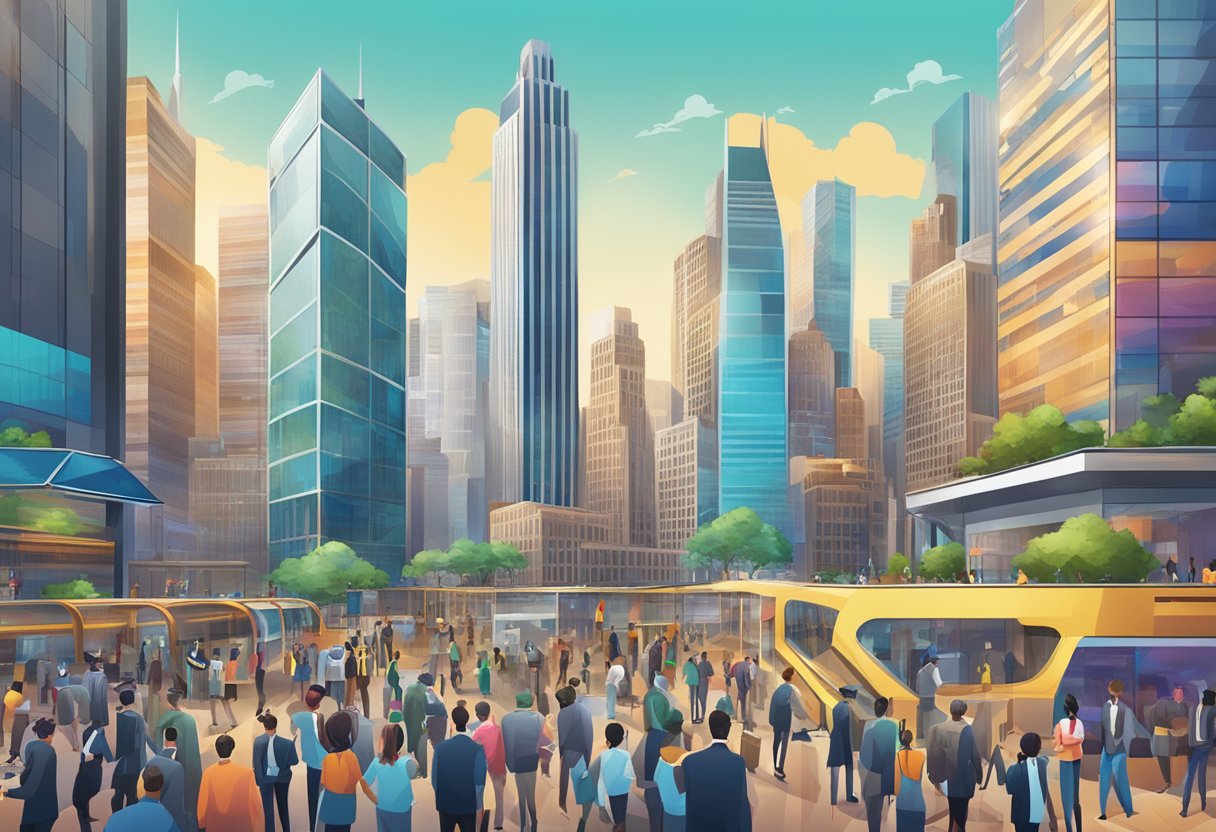 A bustling city skyline with prominent financial buildings, a vibrant stock exchange, and people engaging in business discussions