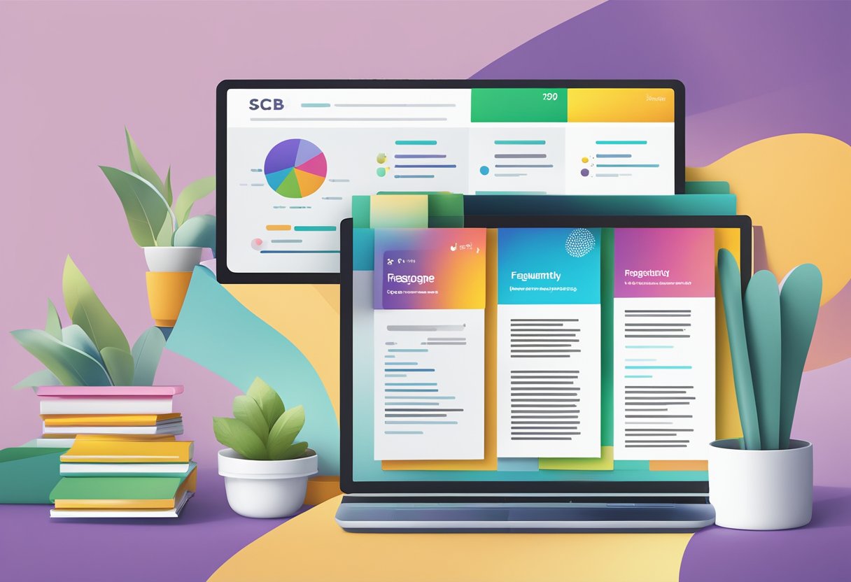 A stack of colorful brochures and a computer screen displaying the "Frequently Asked Questions" page of SCB Singapore's website
