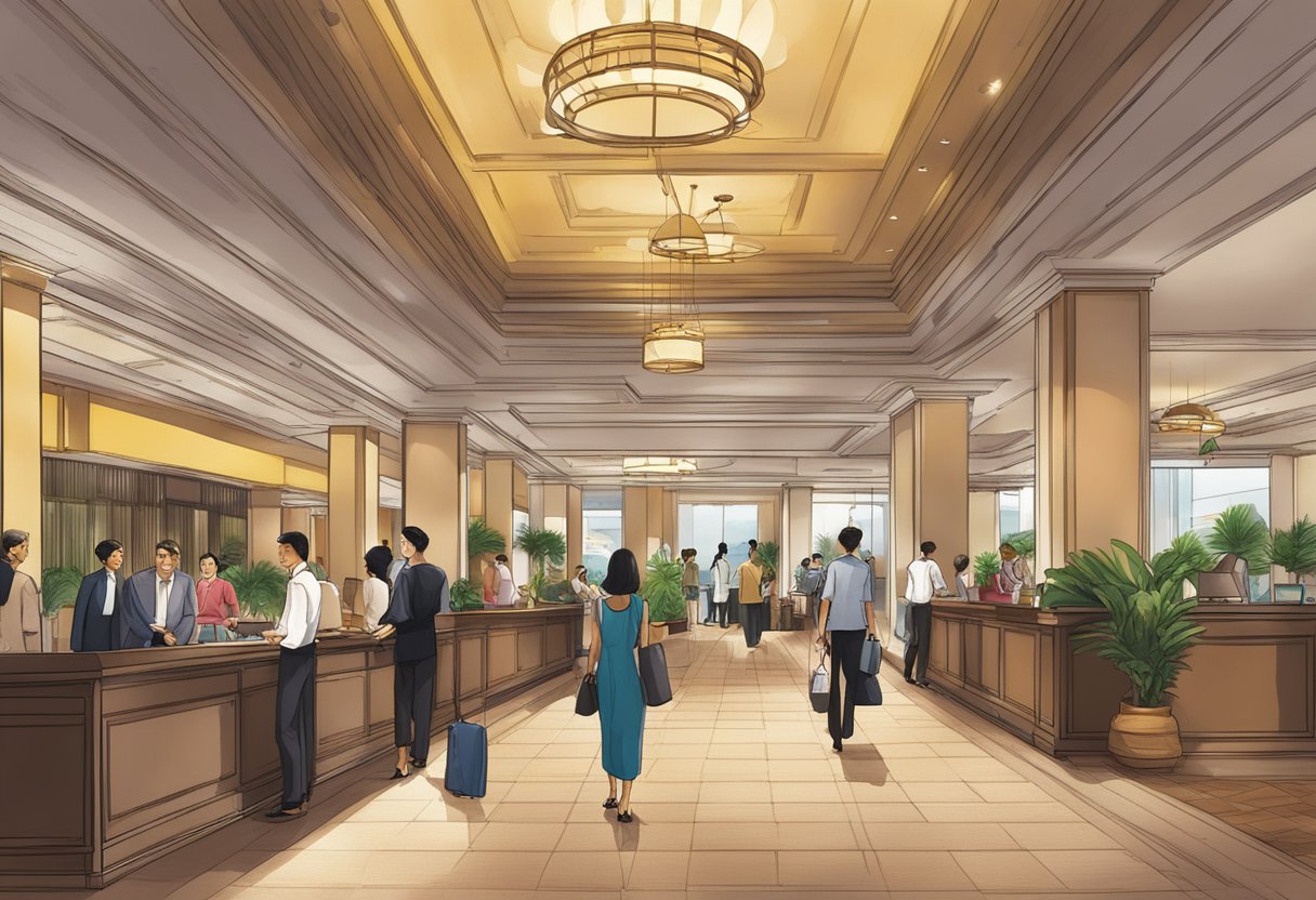 The lobby of the Orchid Hotel in Singapore bustles with guests and staff. A sign reading "Frequently Asked Questions" hangs prominently near the front desk