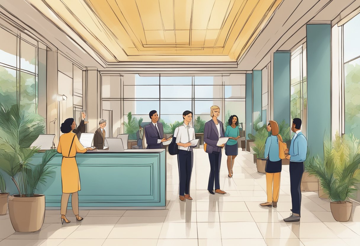 The hotel lobby buzzes with guests seeking information. A receptionist assists a guest while others read posted FAQs