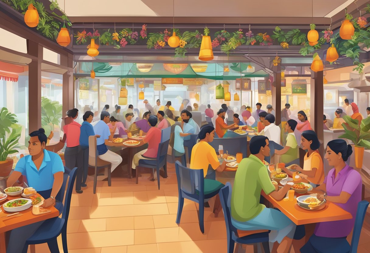 A bustling Indian restaurant in Singapore, with colorful decor, aromatic spices, and sizzling dishes being served to eager patrons
