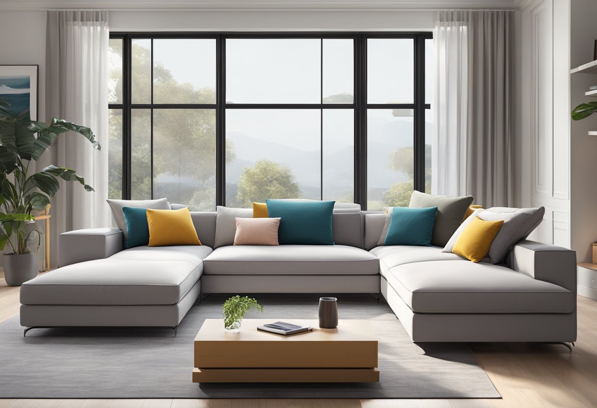 A sleek and modern sofa in a spacious living room, with adjustable headrests and built-in storage compartments