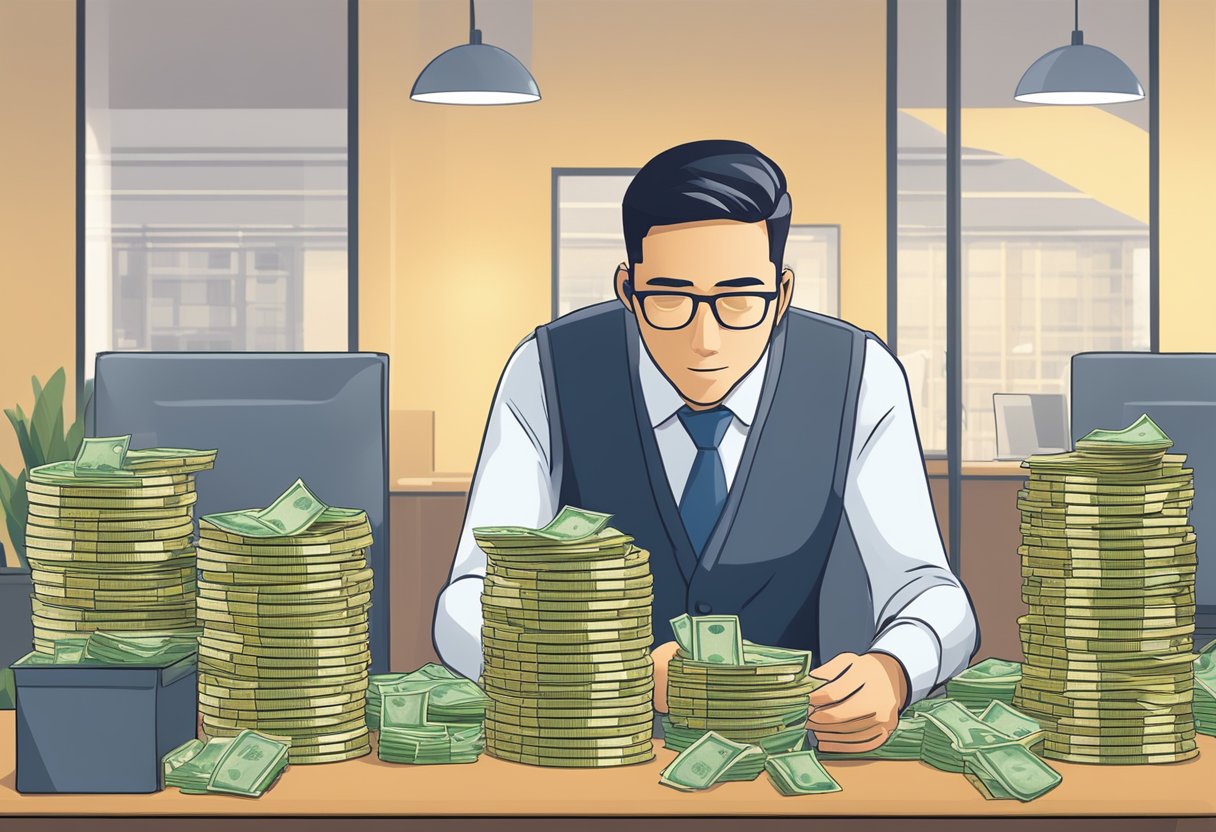 A licensed money lender in Singapore counting stacks of money at a desk in a well-lit office