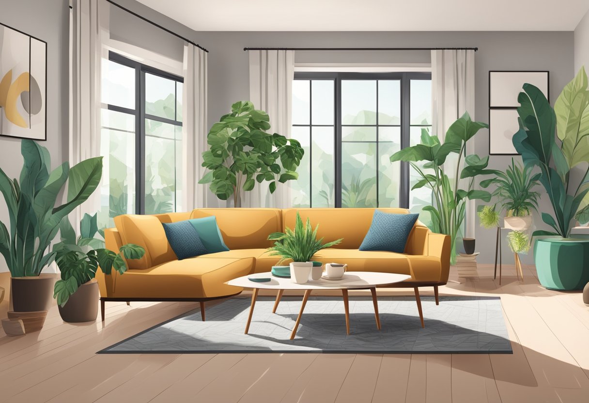 A cozy living room with a modern sofa, surrounded by potted plants and a stylish coffee table