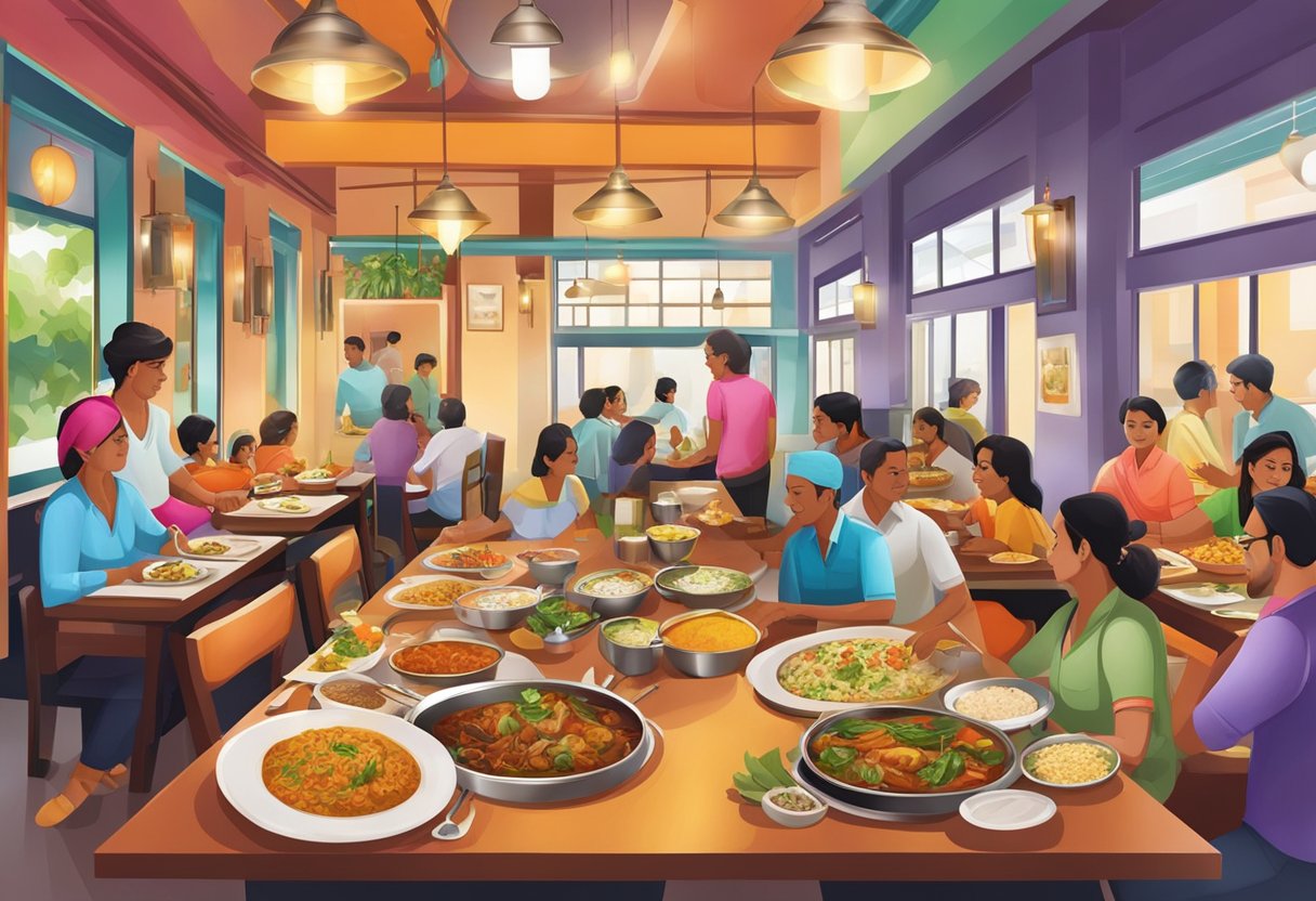 A bustling Indian restaurant in Singapore with vibrant decor, aromatic spices, and sizzling dishes on colorful plates