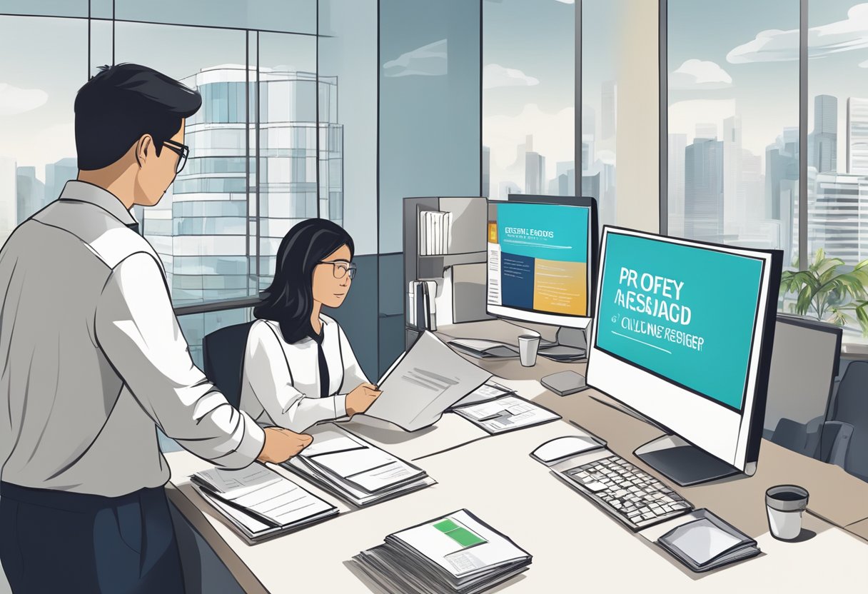 A licensed money lender's office in Singapore, with a sign displaying the official license and a professional-looking staff member assisting a client