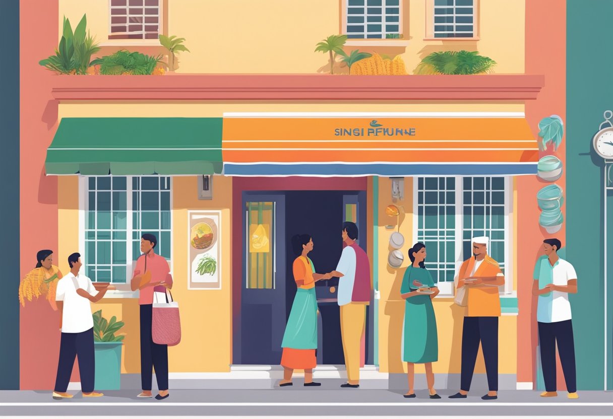 Customers line up outside a vibrant Indian restaurant in Singapore, with colorful signage and aromatic dishes on display