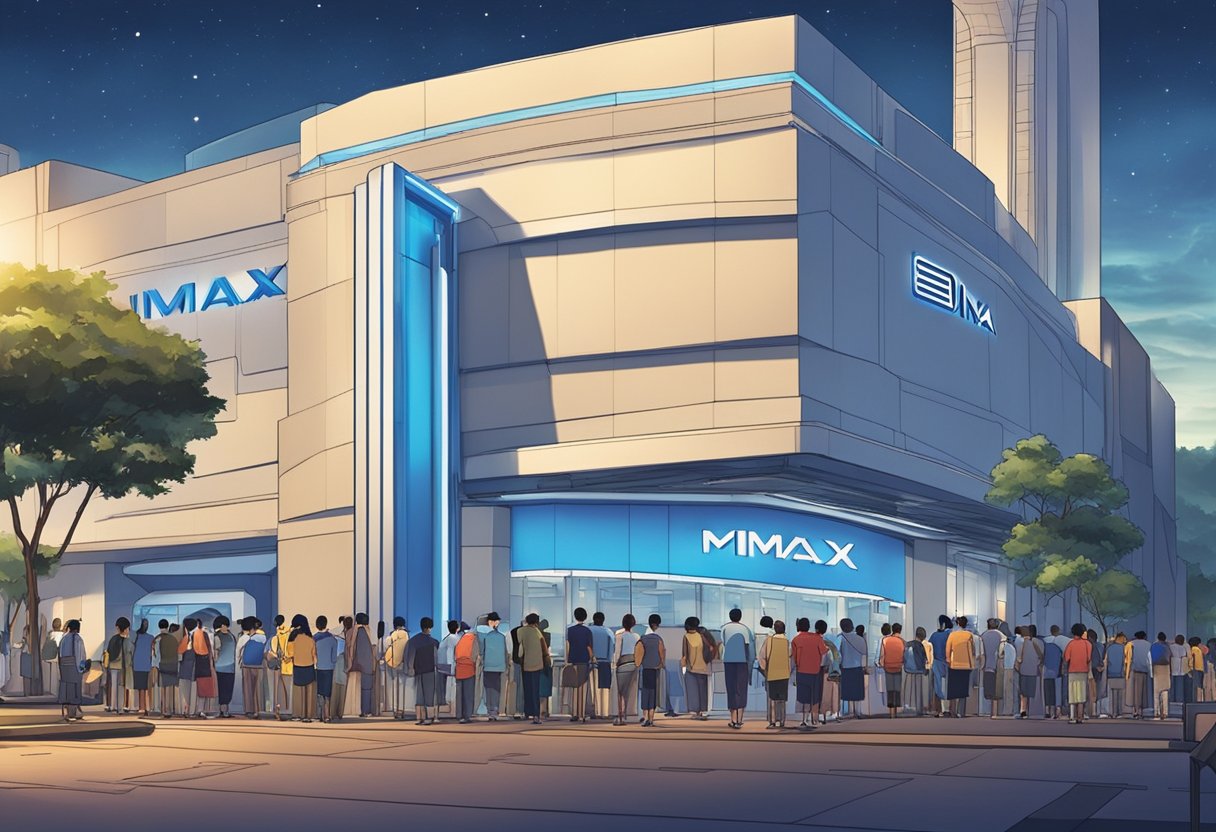 People line up outside IMAX Cinemas in Singapore, eager to experience the latest blockbuster in stunning high-definition. The iconic IMAX sign shines brightly against the night sky, drawing in moviegoers from all around the city