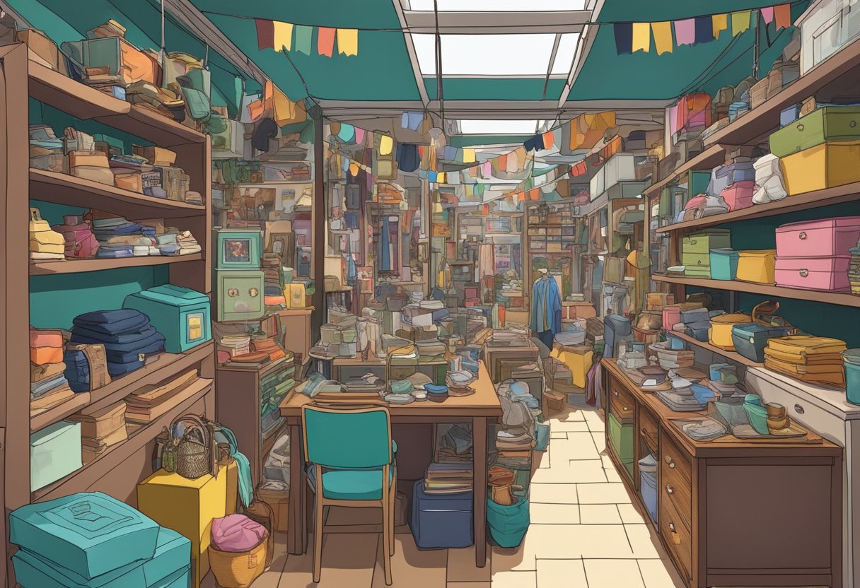 A cluttered thrift store in Singapore's Chinatown, filled with eclectic items and vintage clothing, with colorful displays and crowded shelves