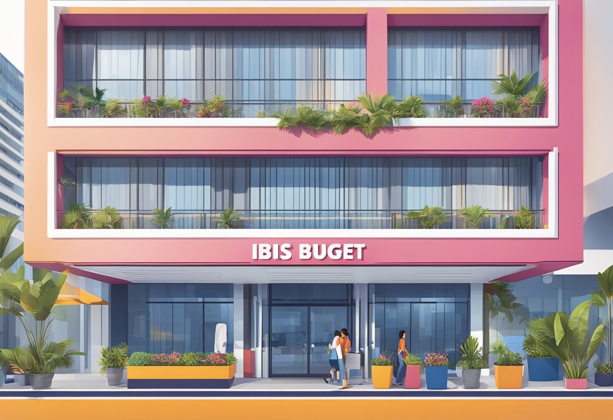 A vibrant, modern hotel exterior with the name "ibis budget singapore ruby" prominently displayed in bold lettering