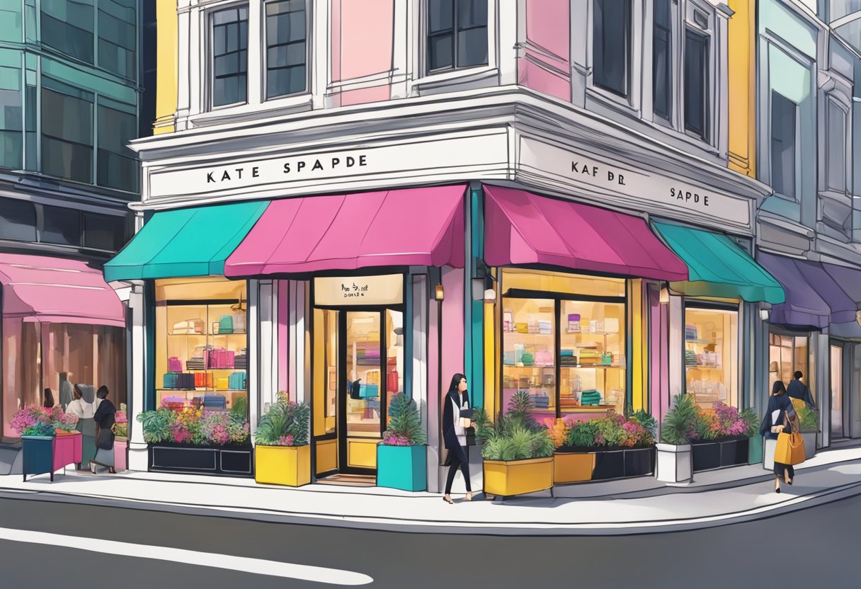 A colorful storefront with the iconic kate spade logo, surrounded by bustling city streets and tall buildings in Singapore