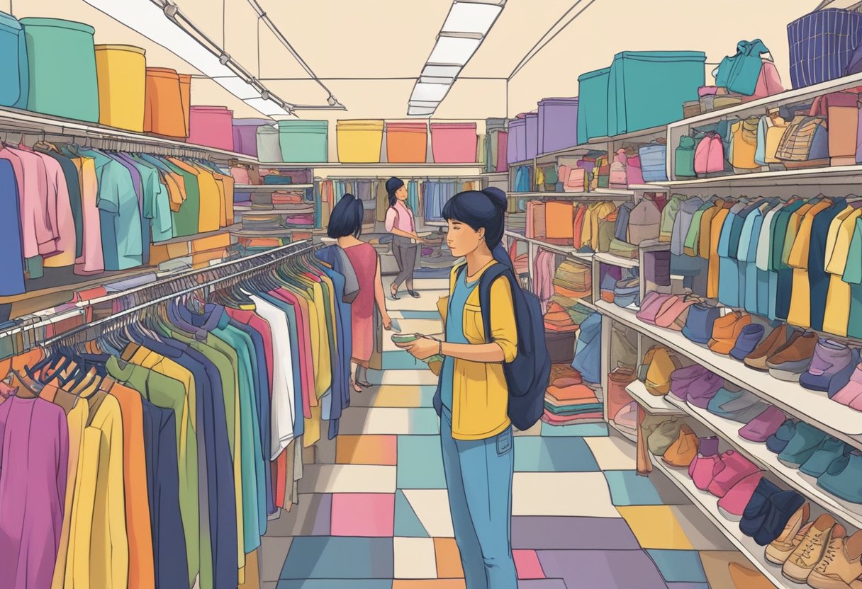 Customers browse through racks of colorful clothing and shelves of eclectic home goods in a bustling thrift store in Singapore